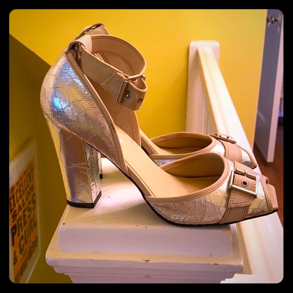 Crackled silver and nude ankle strap sandal